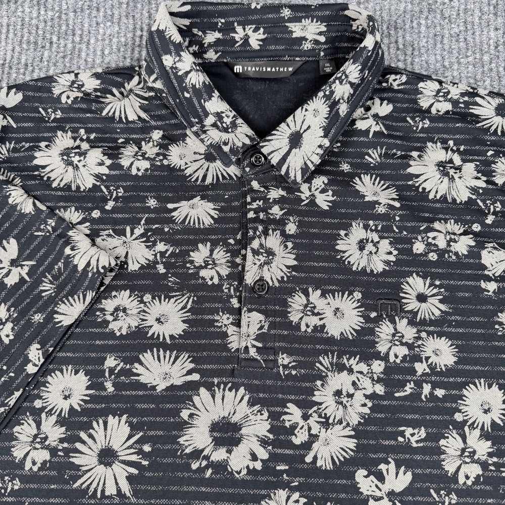 Travis Mathew Polo Shirt Mens 2XL XXL Black Floral Shaded Grove Active Golf